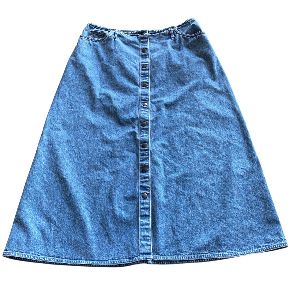 Eddie Bauer Skirt Petite 14 Waist 32" Blue Jean Denim Snap Front A-Line Maxi 90s